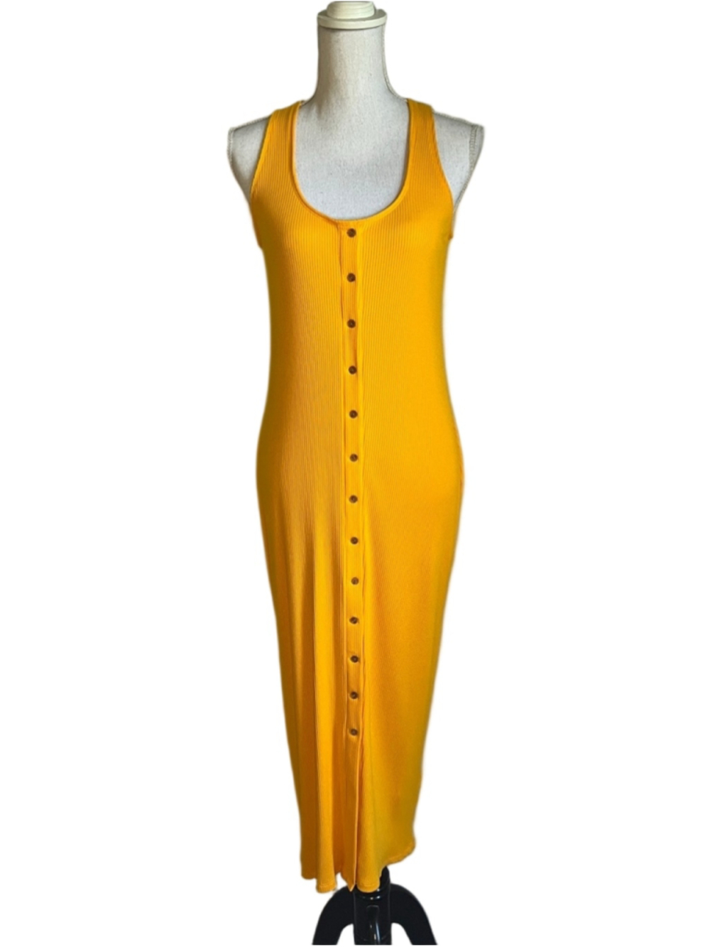 Sleeveless Yellow Ribbed Button-Front Maxi Dress